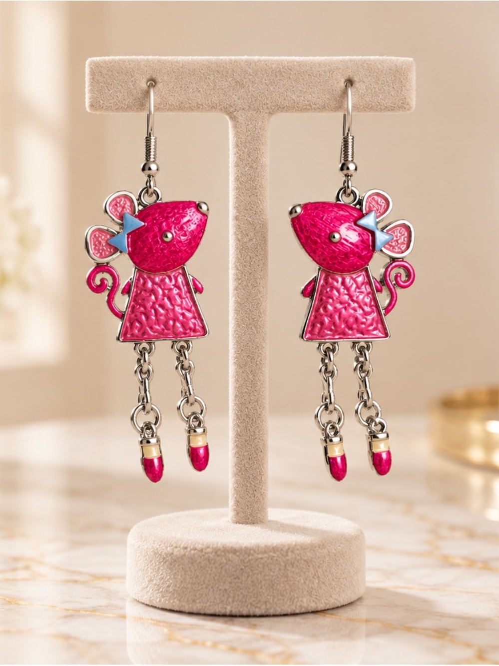 Fashion Jewelry Hot Pink Mouse Dangle Earrings with Blue Bows